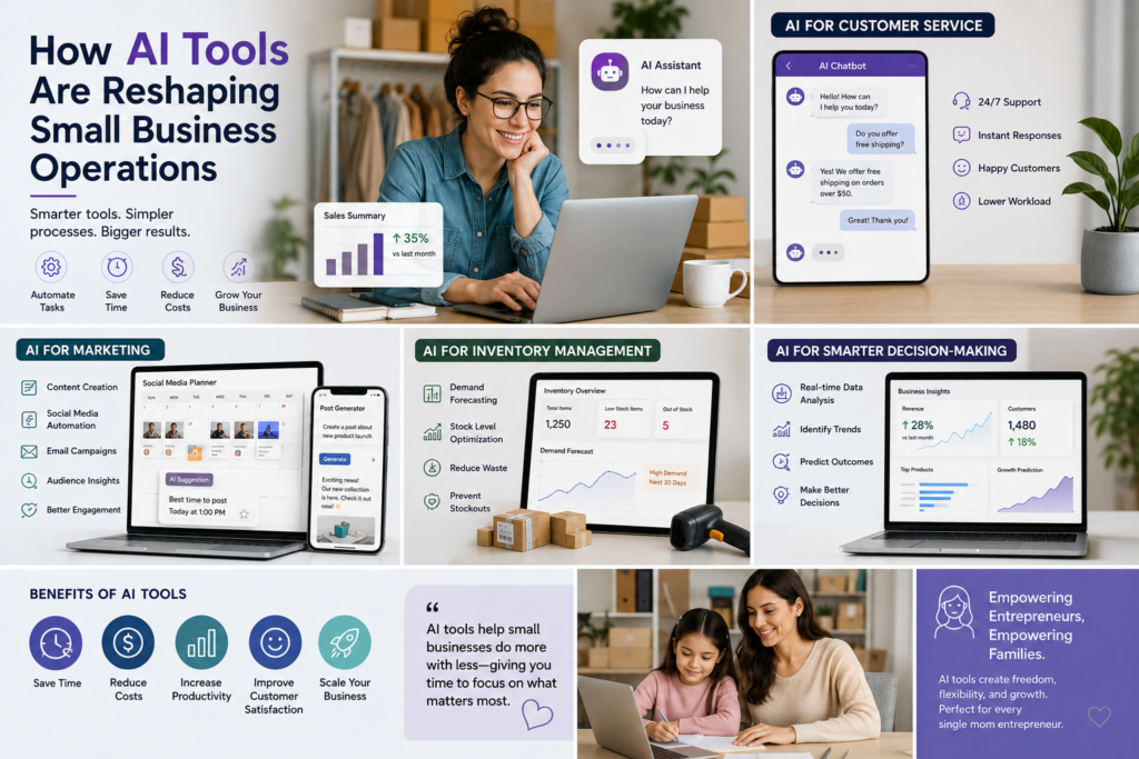 AI Tools, single mom, artificial intelligence for small business, AI automation, small business technology, AI customer service, AI marketing tools, inventory management software, single mom entrepreneur, business automation, AI business solutions