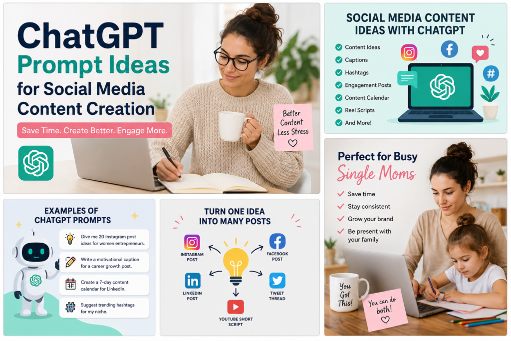 ChatGPT, ChatGPT prompts, social media content creation, AI writing, social media marketing, content calendar, Instagram captions, Facebook marketing, LinkedIn content, content ideas, AI prompts, prompt engineering, social media engagement, personal branding, single mom
